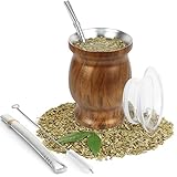 Yerba Mate Gourd Set mit zwei Bombillas 8oz Teetasse aus 18/8 Edelstahl doppelwandig hitzebeständig Mate Teetasse mit BPA-freiem Deckel, zwei Strohhalmen und einer Reinigungsbürste (Holzfarbe)