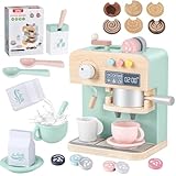 YOOHBERRYS Kaffeemaschine Kinder Holz, Kinderküche Kaffeemaschine mit Mühle, 22 Teile Spielküche Zubehör Kaffeeservice Spielset, Pädagogisches Holzspielzeug für Jungen und Mädchen ab 3 Jahre