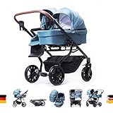 ZEKIWA DreamDuo [+ SPORTWAGENAUFSATZ] Zwillingswagen 3 in 1, Geschwisterwagen Gestell schwarz + Wickeltasche + Regenschutz einfachen Klappsystem - Zekiwa DreamDuo Azur