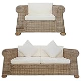 QJBSAVVA Rattansofa Set 2-TLG Natur mit Kissen Cremeweiß Modernes Design für Wohnzimmer Balkon und Garten Robustes Mango Holz Gestell Bequeme Sitzpolster