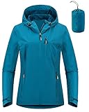 Outdoor Ventures Damen Regenjacke 10000MM Wasserdicht Leichte Gefüttert Packbar Sportjacke Funktionsjacke Atmungsaktiv Fahrrad Jacke mit Kapuze Blau XL