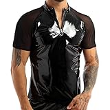 Caxndycing Herren Lack-Optik Jacke Kurze Mantel Wetlook Coat Oberteile Männer Langarmshirt Kunstleder Hemd T-Shirt Slim Fit Latex Glänzend Tops Party Outwear mit Reißverschluss