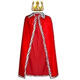 Königsmantel Königinsmantel Samtmantel Kostüm + Krone König Königin für Damen Herren Halloween Erwachsene Mottoparty Theater Fasching Cosplay Karneval Verkleiden Accessoires (49.2in/125cm, Red)