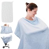 JJKOL Stilltuch für Unterwegs, 100% Baumwolle Stillschal, Musselin-Abdeckung zum Stillen von Babys, Mit 1 Babywaschlappen, Weiche Atmungsaktive und Verstellbare Riemen, für Kinderwagen, Hellblau