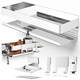HENAL Duschablage Set 5 in 1, Hochglanz Edelstahl-Duschablage ohne Bohren, Duschregal inklusive Rasiererhalter, Duschabzieher-Halter, Seifenschale & Haken, XXL Bathroom Organizer