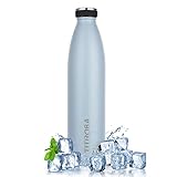 TITIROBA Edelstahl Trinkflasche 1L Thermosflasche Auslaufsichere Wasserflasche Doppelwandige Isolierflasche Bpafrei 24 Std Kalt und 12 Std Heiß Blau