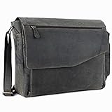 TUSC Triton Grau Leder Tasche Laptoptasche bis 17 Zoll Herren Umhängetasche Aktentasche Schultertasche für Büro Notebook Messenger Bag Laptop iPad, Größe- 42x31x12 cm