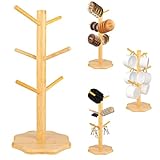 Tassenständer Holz, Tassenhalter mit 6 Haken und Verdickter Basis, Bambus Kaffeetassenhalter, Hölzerne Becherhalter Brezelhalter, Brezelständer Baum Tassenregal Holz für Küchentheke (Primärfarbe)