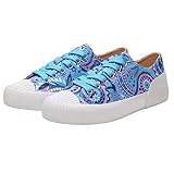 Damen Low-Top Canvas Sneakers Casual Schnürschuhe mit wasserabweisender Kunstmalerei weich bequem Walking Flats, Blau, 38 EU