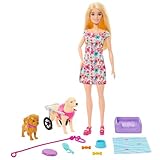 Barbie Hundeduo Puppe und Zubehör, inklusive Hündchen und großem Hund mit Rollstuhl, Leine, Fressnapf, Tierbett und Knochenleckerlis, für Kinder ab 3 Jahren, HTK37