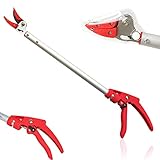 Gartenschere Langer Stiel mit Halteklammer aus Aluminium - Teflonbeschichtung - Manuelle Gartenschere - Griffamboss - Lange Gartenschere - Mit Sicherheitsverriegelung - Länge 64 cm - Farbe rot