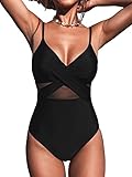 CUPSHE Damen Badeanzug Wickeloptik Sheer Mesh Monokini V Ausschnitt Figurformend Einteilige Bademode Swimsuit Schwarz L