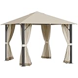 Outsunny Gartenpavillon Pavillon 3 x 3 m Gartenzelt Dach mit Belüftungslöcher Festzelt Partyzelt mit 4 x Seitenteile wetterfest Aluminium Polyester Khaki