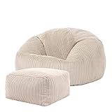 icon Kingston Cord Sitzsack Stuhl und Poufe, Stein Beige, Große Lounge Chair Sitzsäcke für Erwachsene mit Füllung Enthalten, Jumbo Cord Erwachsene Sitzsack, Boho Room Decor Wohnzimmer Möbel