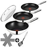 Tefal E30 Jamie Oliver Pfannenset Induktion 6 tlg -SET12- hohe Wok mit Deckel 28 cm, Pfanne 28 cm + 24cm, Edelstahl rostfrei, Wokpfanne Spülmaschinenfest, Antihaft-beschichtet, Silber