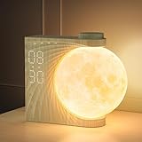 RETEYUNG 3D-Mondlampe mit Rotationsfunktion, Lichtwecker mit 10 Natürlicher Klang, Mondlicht mit 2 Wecker, RGB 8 Colors, 3 Stufige Helligkeit Nachttischlampe, Wake up Light für Schlafzimmer Wohnzimmer