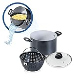 Genius Cerafit Magic Pot Kochtopf-Set 24cm - Topf 6,4l mit Siebeinsatz & Glasdeckel für einfaches Kochen, Abgießen & Servieren | keramikbeschichteter Nudeltopf für alle Herdarten, Schwarz, A24662