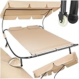 tectake Sonnenliege, Doppelliege, Outdoor Liege für 2 Personen, Gartenliege mit Sonnendach, Relaxliege, Sonnenliege mit Dach, inkl. 2 Kissen, ideal für Garten oder Balkon - schwarz/beige