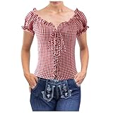 Trachtenbluse Damen Bluse Rot/Weiss Kariert Traditionelle Taillierte Trachten mit V-Ausschnitt Kurzarm, Moderne Bayrische Karierte Bluse Oktoberfest Outfit Dirndlbluse S-XL