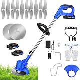 Akku Rasentrimmer Mit Akku Und Ladegerät,21V Freischneider Akku mit 2 X1500mAH Batterien, Metall Messer,Elektro-Trimmer Garten Rasen Unkraut Trimmer Gartenkantenfräser Für Garten,Hof