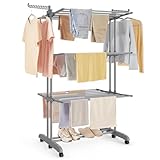 SONGMICS Wäscheständer, Standtrockner 4 Ebenen, Flügelwäscheständer, klappbare Flügel, mit Rollen, 63,5 x 125,5 x 173 cm, groß, einfacher Aufbau, Taubengrau LLR703G01