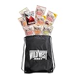 Wild West Beef Jerky, Mix Box 25g, 12er Pack + Sportsbag, 2x Original, 2x Honey BBQ, 2x Jalapeno, 2x Steak Strips Original, 2x Steak Strips Honey BBQ, 2x Wagyu - Beef Jerky high Protein Trockenfleisch