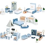Wooden Dollhouse Furniture Set, 32 Pcs Sanlebi Doll House Accessories and Furniture, Miniature Furniture Including 5 Room Kits, Pretend Play Toy Gift for Boys Girls Toddler 3+