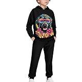 SCRAWLGOD Jungen Sweatshirt Pullover Hoodie Trainingsanzug Set Bequeme Casual Sport Kleidung, Hund Blume, 11-13 Years