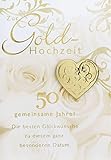 Perleberg - Karte zur Goldhochzeit mit Goldherz-Applikation - Glückwünsche zur goldenen Hochzeit mit Umschlag - Karte in 11,6 x 16,6 cm