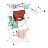 Relaxdays Wäscheständer, klappbar, ausziehbar, 11 Stangen, 6 Ebenen, platzsparender Turmwäscheständer, Metall, weiß, 1 Stück