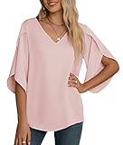 Yommay Damen Bluse Elegant V Ausschnitt Sommer T-Shirts Casual Leicht Chiffon Tunika Kurzarm Tops,Rosa,L
