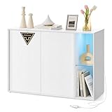 SONGMICS HOME Sideboard, Toolless-Technologie, superschnelle werkzeuglose Montage, Aufbewahrungsschrank mit Beleuchtung, TV-Schrank, Glasablage, schneeweiß BBK372W01