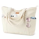 Lekespring Cord Tasche Damen, Groß Tote Bag Strandtasche mit Reißverschluss, Shopper Tasche Damen Laptoptasche mit 17 Zoll Laptopfach, Elegant Handtasche Umhängetasche für Arbeit Schule Gym-Beige