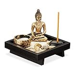 Relaxdays Zen Garten, mit Buddha, Steinen, Sand, Räucherstäbchen & Teelichthalter, Entspannung, Feng Shui Deko, schwarz