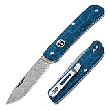 BÖKER PLUS® Tech Tool Blue Damascus - Damast Taschenmesser Droppoint Klinge 110 Lagen - Damaszener EDC Zweihand Klapp-Messer mit G10 Griff blau - Slipjoint 2 Hand Messer 42 a konform in Geschenk-Box