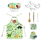 Wisebom Kinderschürze Kinder Backset, 11 Stück Dinosaurier Schürze Handschuhe Kochmütze Nudelholz Kinder Kochset, Rollenspiele Küchenspielzeug Geschenk für Mädchen Jungen (Grün)