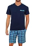 Litherday Schlafanzug Herren Kurz Sommer Baumwolle Shorty Pyjama Set Kurzarm Zweiteiliger V-Ausschnitt Schlafanzughose Jungen Nachtwäsche Marineblau XL
