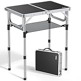 Anbte Campingtisch Klapptisch 60x40cm Aluminium Rahmen mit 3 Höhen Verstellbar 26/48/70cm Picknicktisch mit Aufbewahrungsnetz Tragbar Multifunktionstisch für Camping Strand Balkon (Schwarz)
