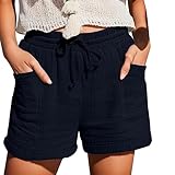 Strandshorts Damen, Shorts Damen Sommer Leinen Musselin Kurze Hose Beach Shorts Mit Taschen Mode Lässige Stoffhose Freizeit Shorts Elastische Taille Stretch Gerades Bein Sport Shorts Mit Kordelzug Lei