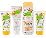 Alverde NATURKOSMETIK 4er-Set Hautpflege: NATURAL EXPERT Peeling Cleanser Reinigung mit 1% AHA, 2% PHA (125 ml) + SANDDORN VANILLE Bodylotion (250 ml) + 2 x BIENENGLÜCK Handcreme (2 x 75 ml), 525 ml