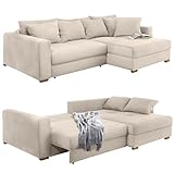 Dauerschlaf-Ecksofa mit Federkernpolsterung 288x186 cm, Bettkasten, Schlaffunktion mit 3 qm Liegefläche, Ottomane links oder rechts, mit Cord-Bezug in Beige Creme / 15154