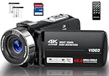 Videokamera 4K Camcorder 48MP 30FPS mit IR Nachtsicht, 18X Digitalzoom Webcam Video Kamera 3-Zoll 270° Rotation Touchscreen Vlogging Kamera für YouTube mit Fernbedienung, 2 Batterien, 32GB SD Karte