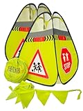 HECKBO 2x Straßenwarnschild Achtung Kinder Schild spielende Pylonen Pylone + Wimpelkette - Kinder Straßenpylone Kinder Sicherheit Safety Pop Up Set - Vorsicht Kinder Street Buddy Warnkegel