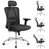 DEVAISE Bürostuhl Ergonomisch: Schreibtischstuhl mit Wippfunktion, Verstellbarer Kopfstütze & Lendenstütze, 3D-Armlehnen, 3-stufige Neigung, atmungsaktives Netzgewebe fürs Homeoffice & Büro, Schwarz