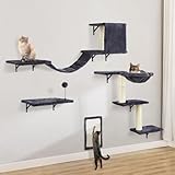 Katzen kletterwand Set mit Katzenbaum Hängematte,Katzenhöhle Wand,Katzenbrücke,Kratzbrett und Kratzbaum - 4-Teiliges Holz Katzenmöbel für Katzen Catwalk (Rauchgrau)