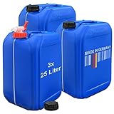 plasteo® 3x 25 Liter Getränke Wasserkanister mit 1 Hahn und 3 Schraubdeckel (DIN 61) | Lebensmittelecht | BPA Frei | Tragbar | Indoor und Outdoor | Blau