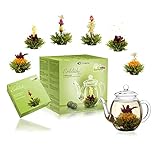 Creano Teeblumen Geschenkset Erblühtee mit Glaskanne - Grüner Tee fruchtig aromatisiert (Teerosen in 6 Sorten), Blooming Tea, Tee Geschenk zu Weihnachten für Frauen, Teeliebhaber