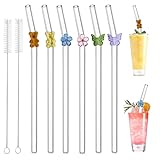 6 Stück Strohhalme Glas, Wiederverwendbar Glas Strohhalm, Trinkhalme glas Gebogen mit Reinigungsbürsten für Säfte, Cocktails, Smoothie, Kaffee, Milch（kleiner Bär、Blume、Schmetterling)