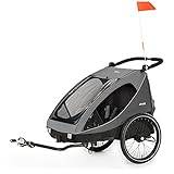 hauck 2in1 Fahrradanhänger & Buggy für 2 Kinder ab 6 Monaten bis 120 cm oder 22 kg Dryk Duo inkl. Deichsel, Kupplung, Buggyrad, Wimpel & Rücklicht, Zusammenklappbar, XL Kofferraum (Grey)