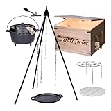 TP Premium BBQ Dutch-Oven Tripod Set, 7-teilig mit Feuer-Topf, Dreibein, Pfanne aus Gusseisen, Grillrost inkl. Grill-Zubehör und Holzkiste, ideal als Geschenk-Set